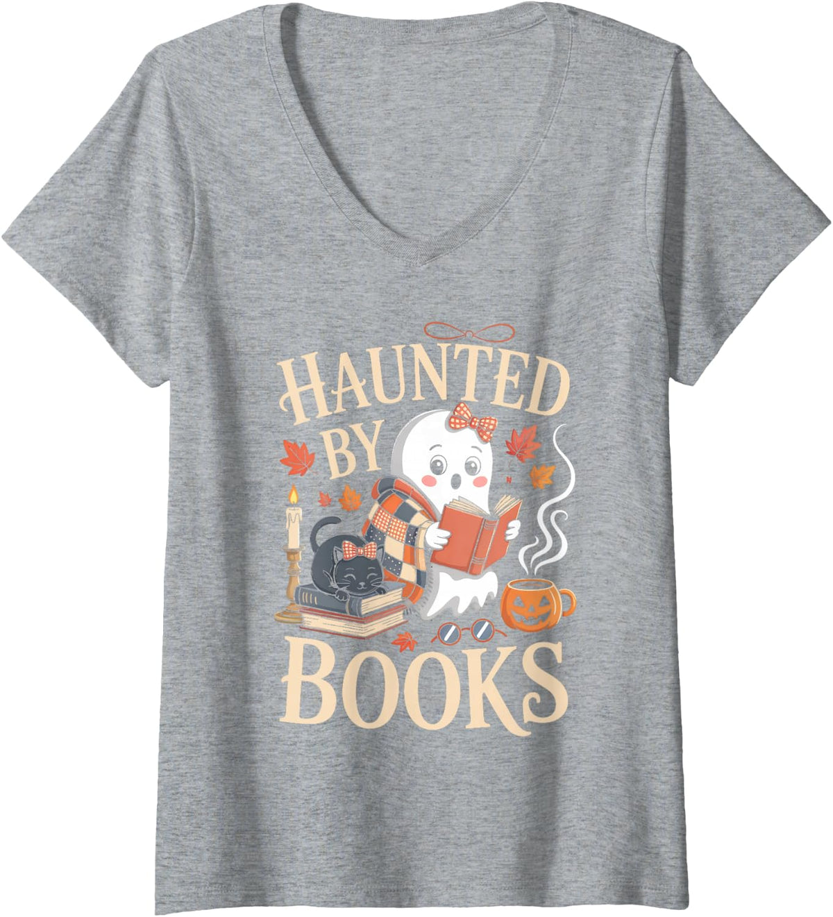 Women's Haunted By Books Vintage Ghost Reading Halloween Book Lover V-Neck T-Shirt - Heather Grey