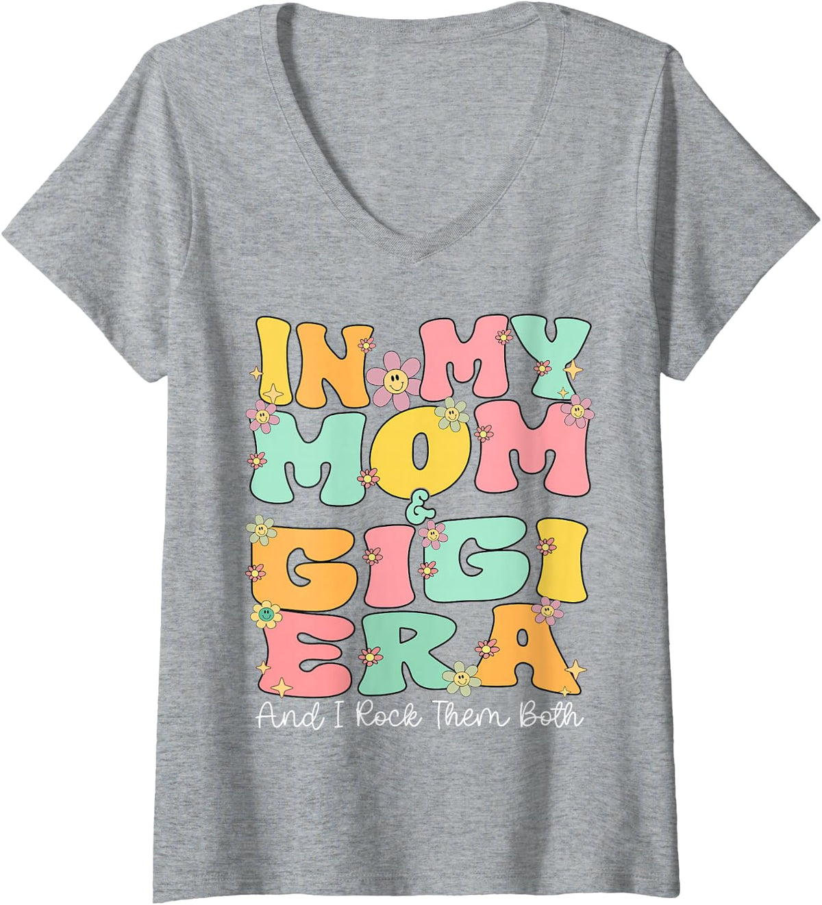 Women's in My Mom and Gigi Era Groovy Mom and Gigi Grandma Christmas V-Neck T-Shirt - Heather Grey