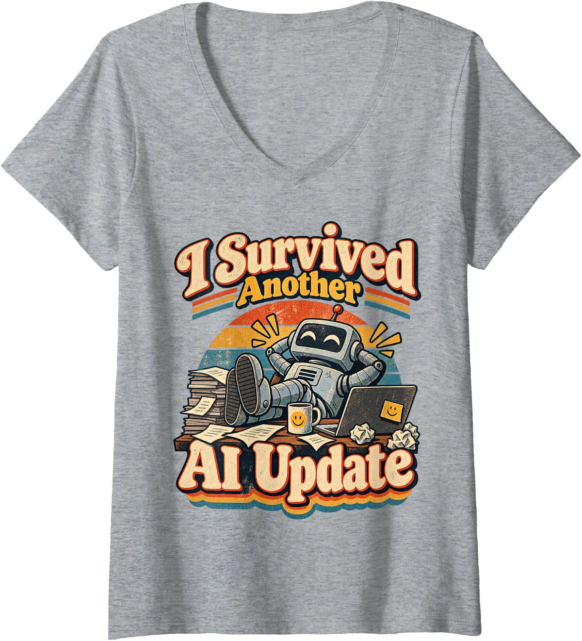 Women's I Survived Another AI Update Vintage Robot V-Neck T-Shirt - Heather Grey