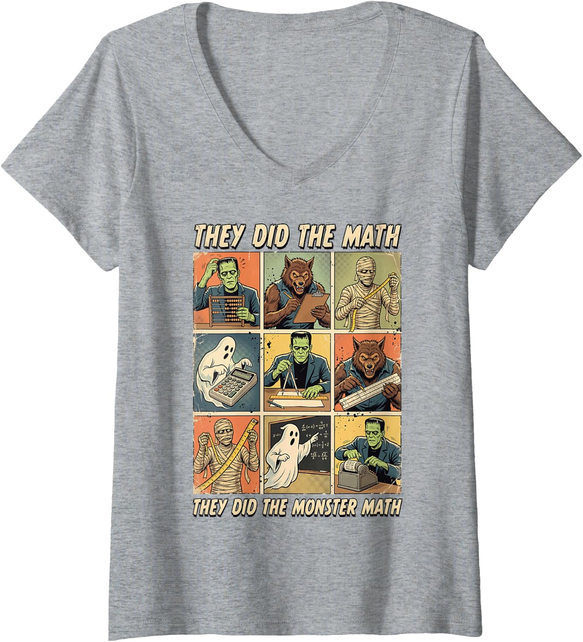 Women's They Did The Math Monster Math Halloween Teacher Mummy V-Neck T-Shirt - Heather Grey