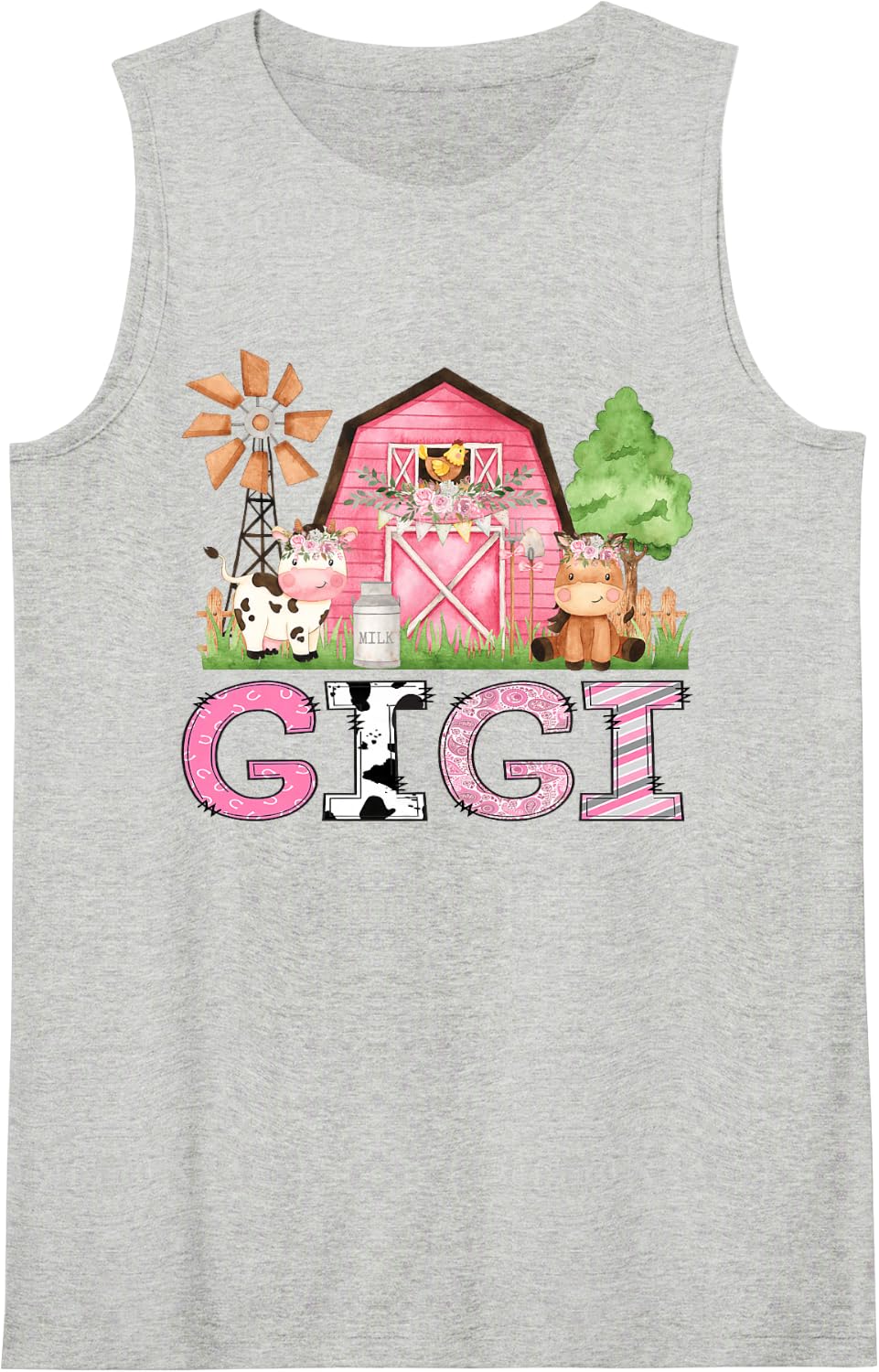 Gigi Pink Farm Animal Birthday Kids Matching Family Sleeveless Tank Top - Heather Grey