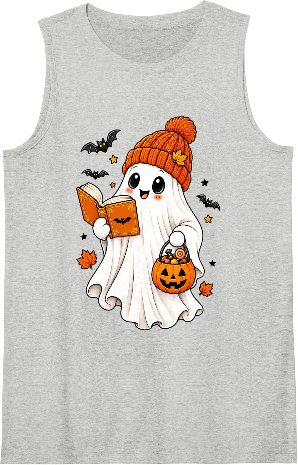 Halloween Ghost Reading Cute Autumn Book Lover Theme Tank Top - Heather Grey