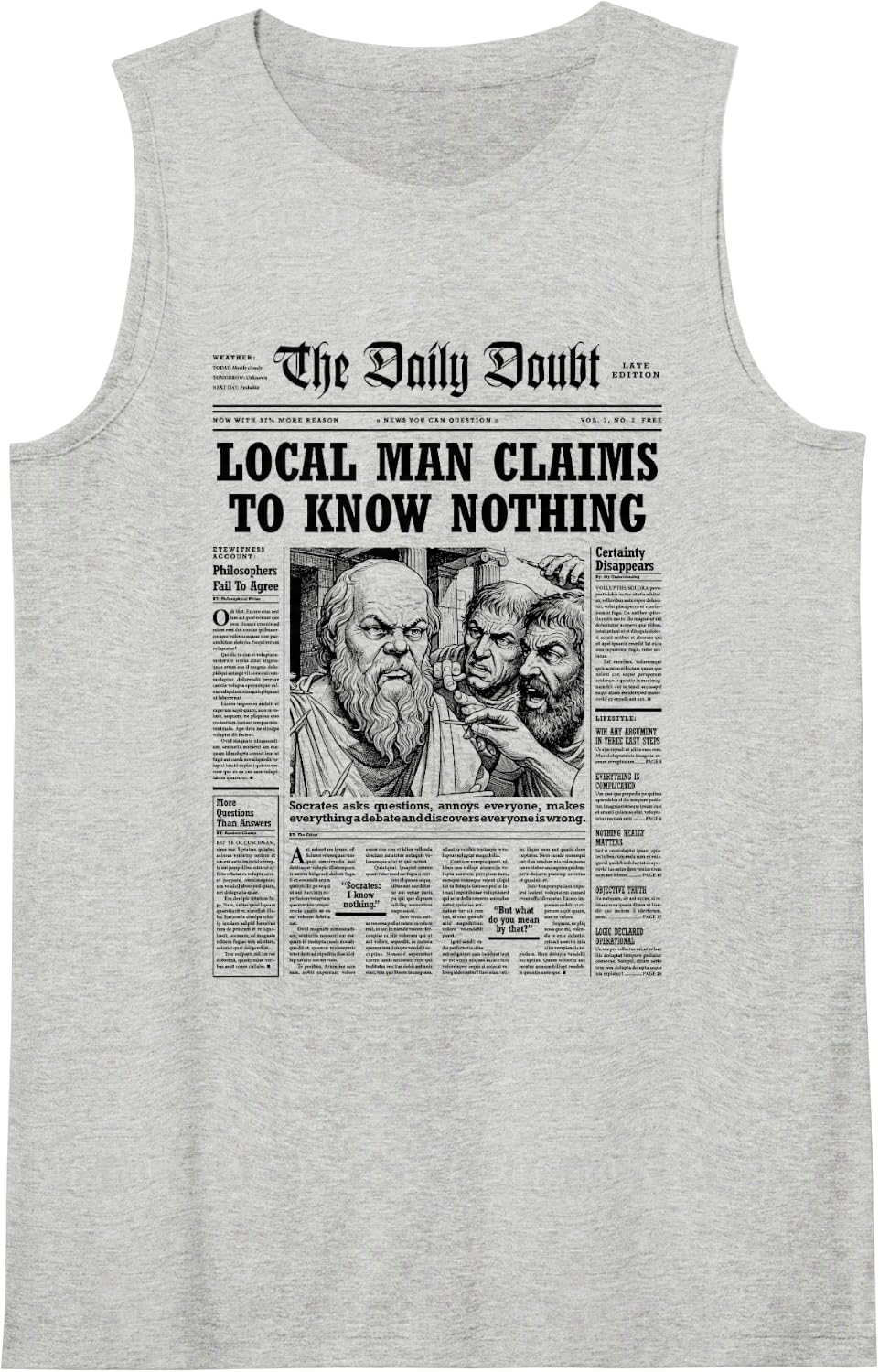 Funny Philosophy Socrates Newspaper Know Nothing Philosopher Sleeveless Tank Top - Heather Grey