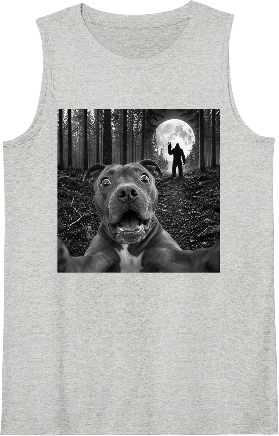 Staffordshire Bull Terrier Selfie with Bigfoot Peace Sign Sleeveless Tank Top - Heather Grey