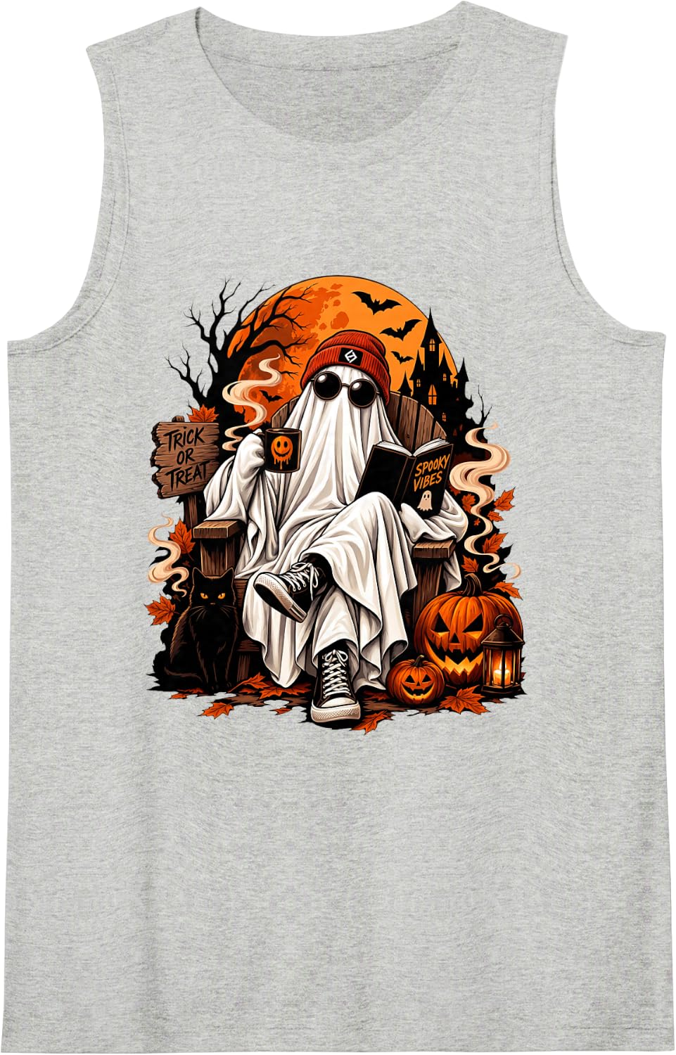 Halloween Spooky Teacher Boo Ghost Reading Book Men Women Sleeveless Tank Top - Heather Grey