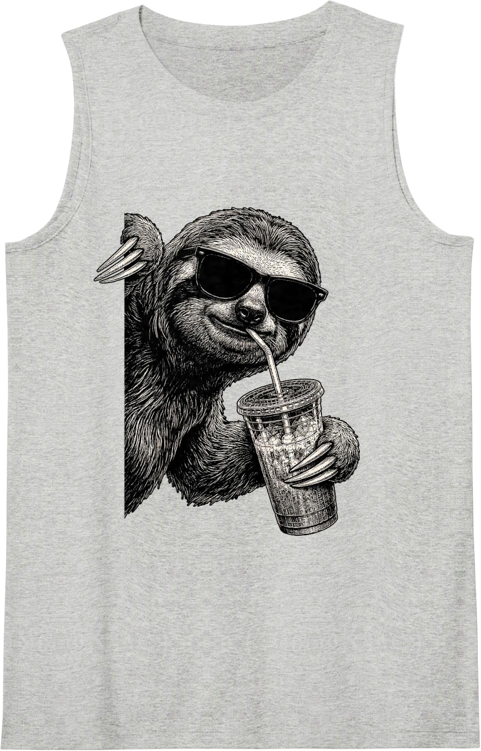 Funny Sloth Peeking Drinking Iced Coffee Humor Sleeveless Tank Top - Heather Grey