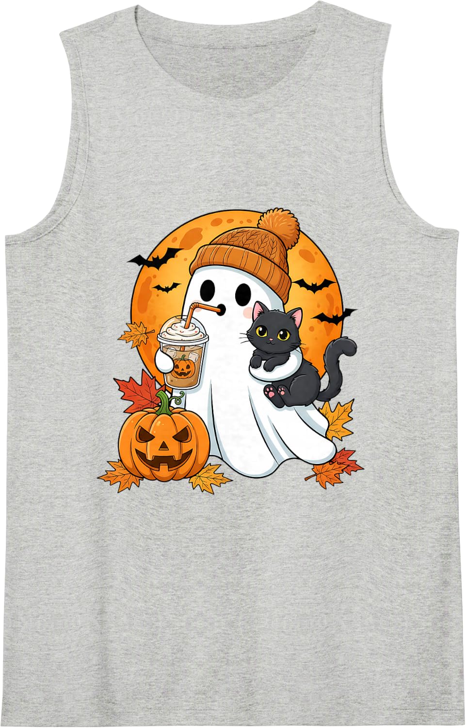 Cute Ghost Drinking Iced Coffee with Kitty Halloween Pumpkin Sleeveless Tank Top - Heather Grey