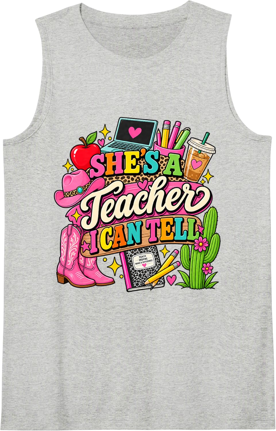 Shes A Teacher I Can Tell Western Classroom Art Sleeveless Tank Top - Heather Grey