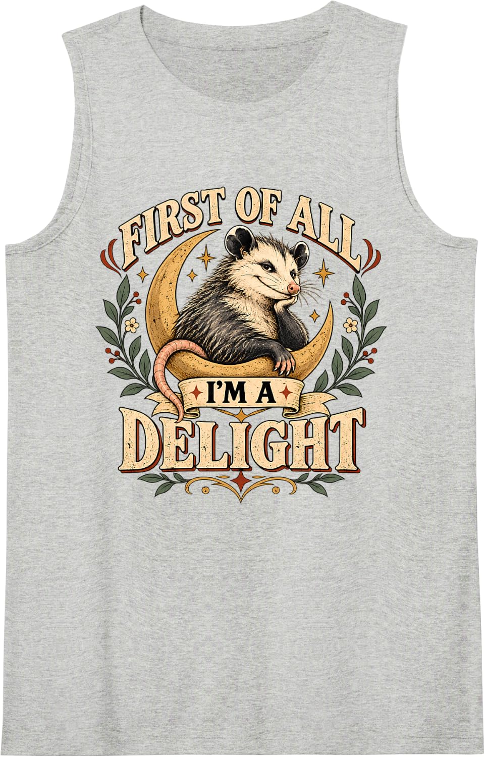First of All I'm a Delight Funny Opossum Retro Animal Sleeveless Tank Top - Heather Grey
