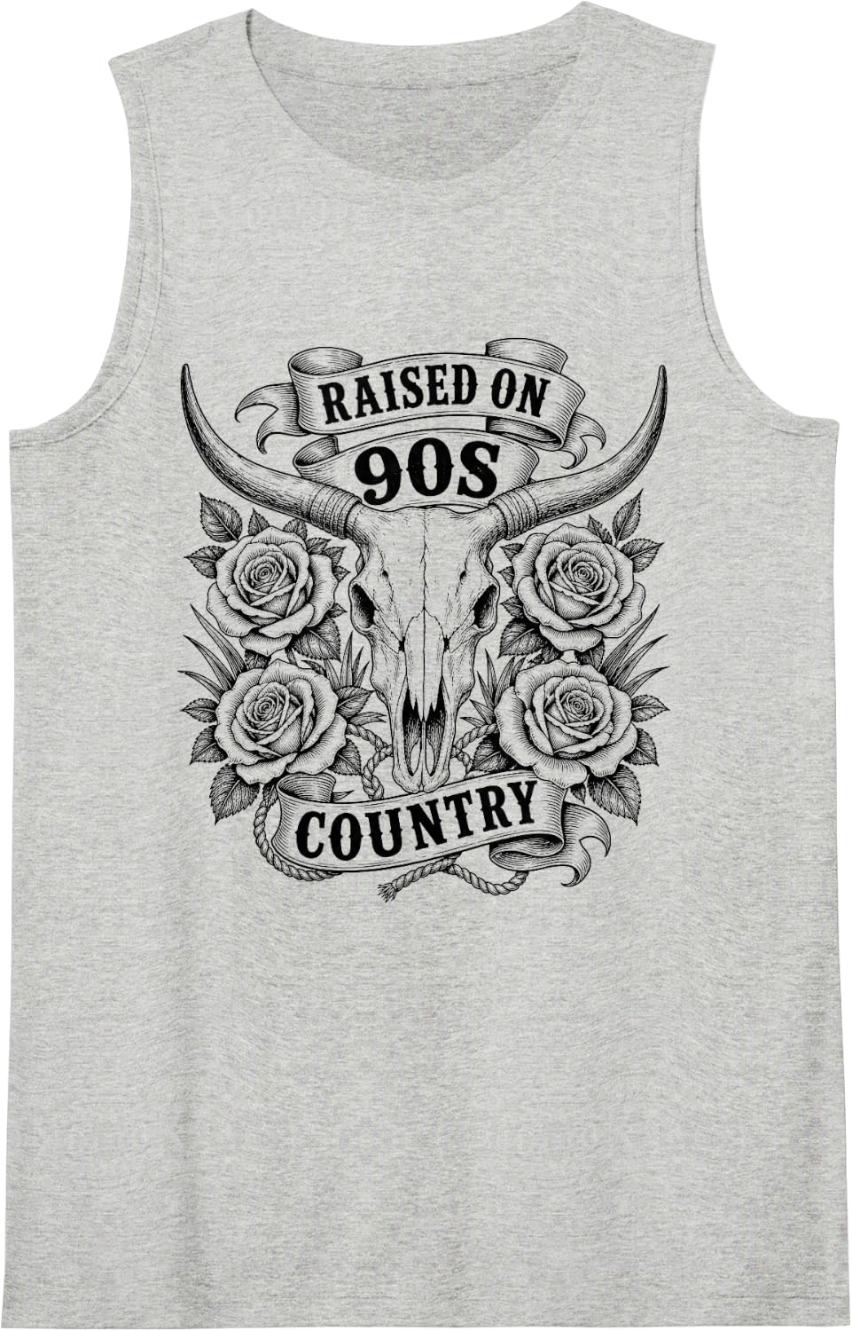 Raised on 90s Country Cow Skull Rodeo Concert Sleeveless Tank Top - Heather Grey