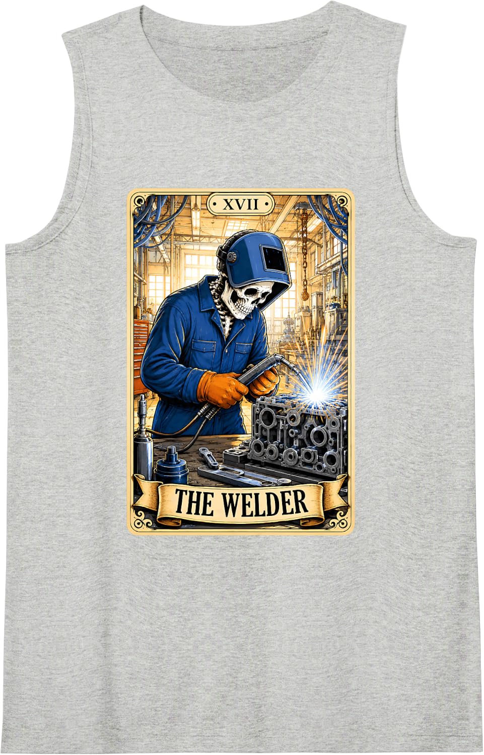 Vintage The Welder Welding Tarot Card Skeleton Halloween Sleeveless Tank Top - Heather Grey