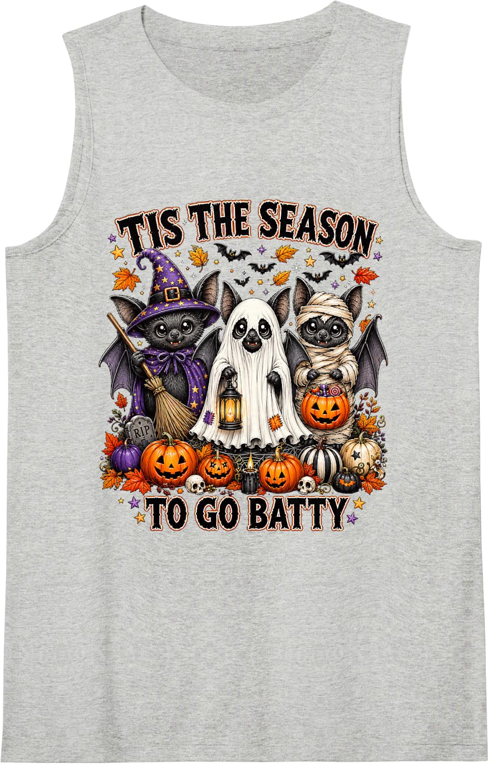 Cute Bat Halloween Witch Ghost Mummy Pumpkin Bat Lovers Sleeveless Tank Top - Heather Grey