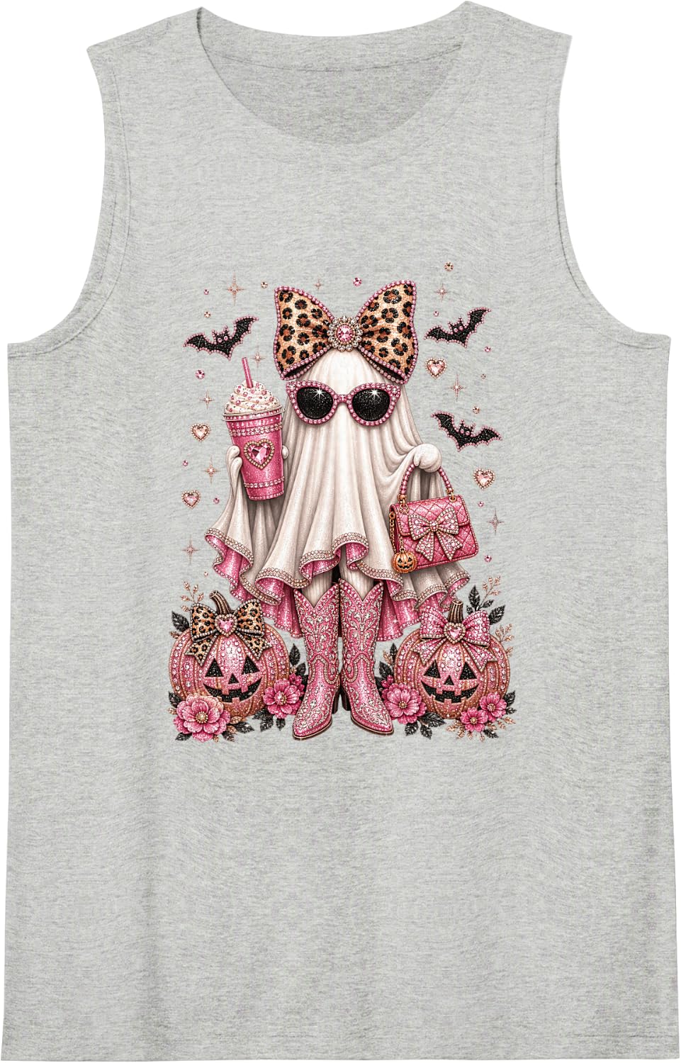 Boo JEE Ghost Leopard Bow Halloween Pumpkin Women Girls Sleeveless Tank Top - Heather Grey
