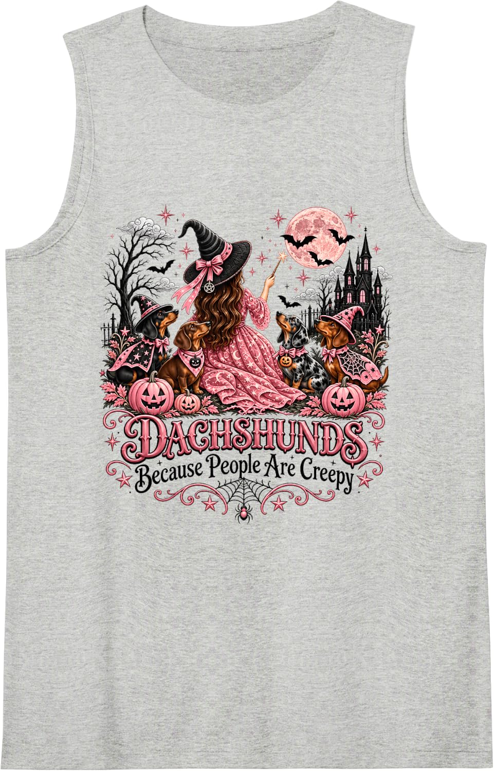 Dachshunds Because People are Creepy Cute Witch Halloween Sleeveless Tank Top - Heather Grey