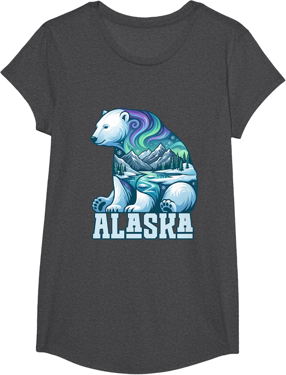 Alaska Polar Bear Northern Lights Aurora Sky and Mountains T-Shirt - Girls Dark Heather Grey