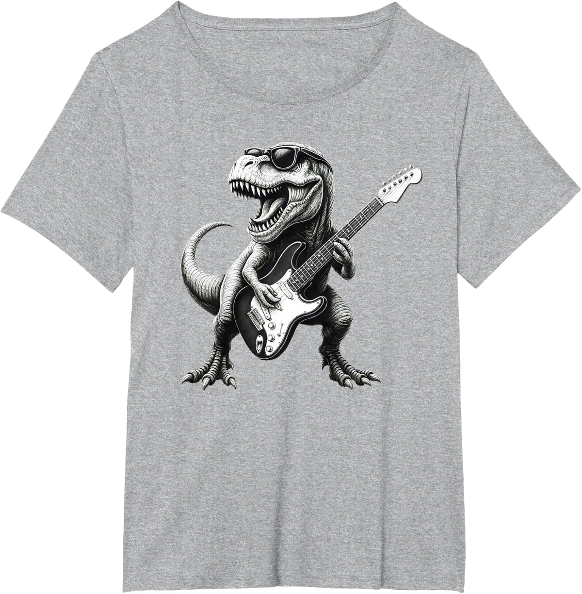 Dinosaur Playing Guitar Rock and Roll, Punk Rock Music Band T-Shirt - Heather Grey