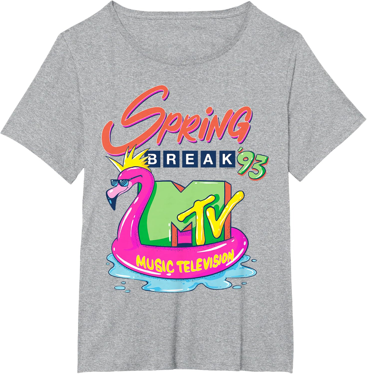 MTV Logo with Pink Flamingo Float - Spring Break '93 T-Shirt - Heather Grey