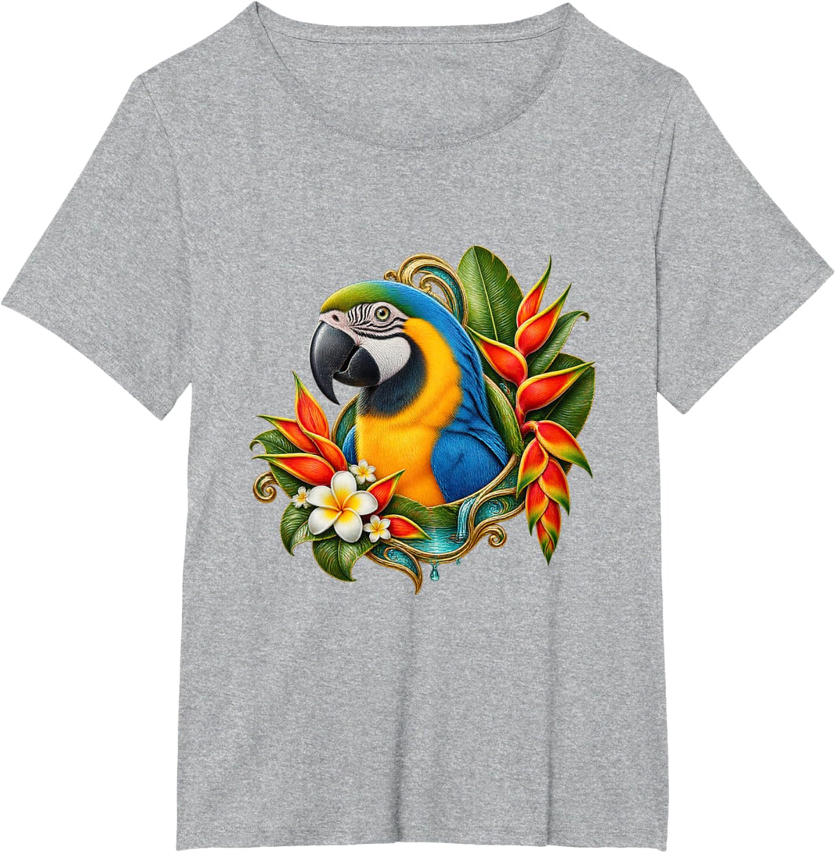 Macaw with Blue Yellow Feathers Heliconias and White Flowers T-Shirt - Heather Grey