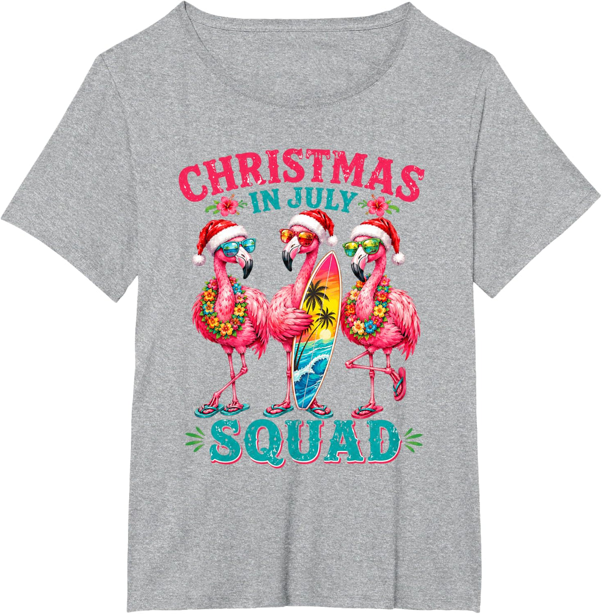 Christmas in July Squad Flamingo Beach Summer T-Shirt - Heather Grey