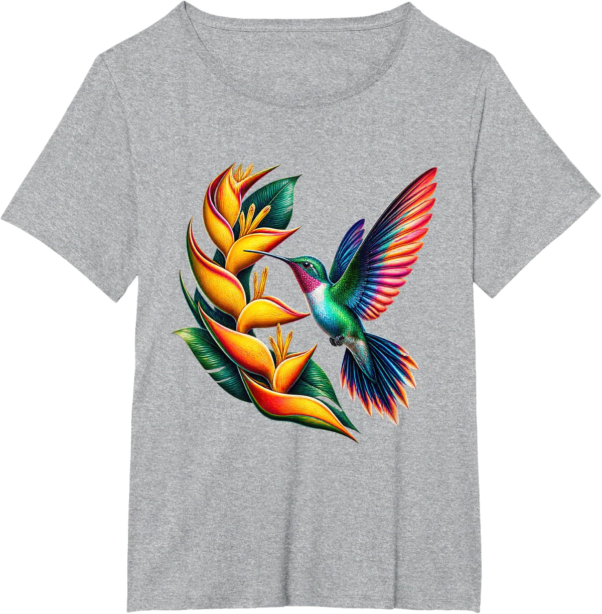 Hummingbird with Golden Heliconia Flowers T-Shirt - Heather Grey