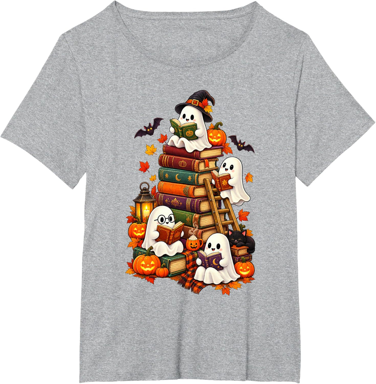 Ghost Reading Book Lovers Black Cat Halloween Autumn Fall T-Shirt - Heather Grey