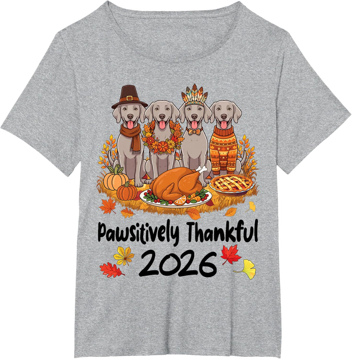 Pawsitively Thankful 2026 Weimaraner Dogs Thanksgiving Day T-Shirt - Heather Grey