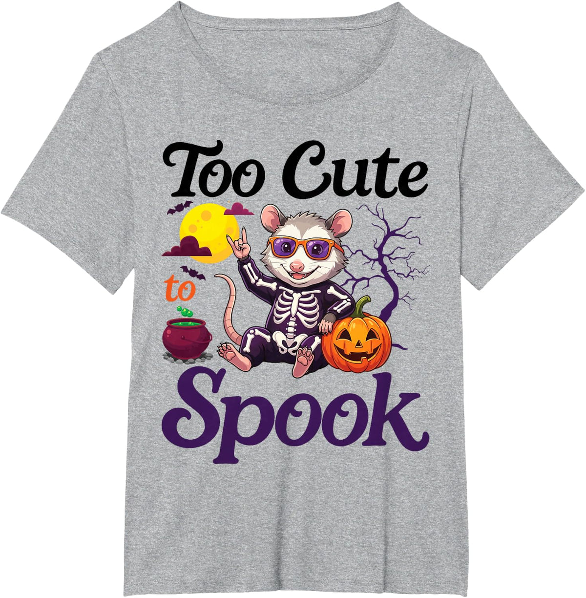 Too Cute to Spook Rocking Opossum Skeleton Halloween Day T-Shirt - Heather Grey