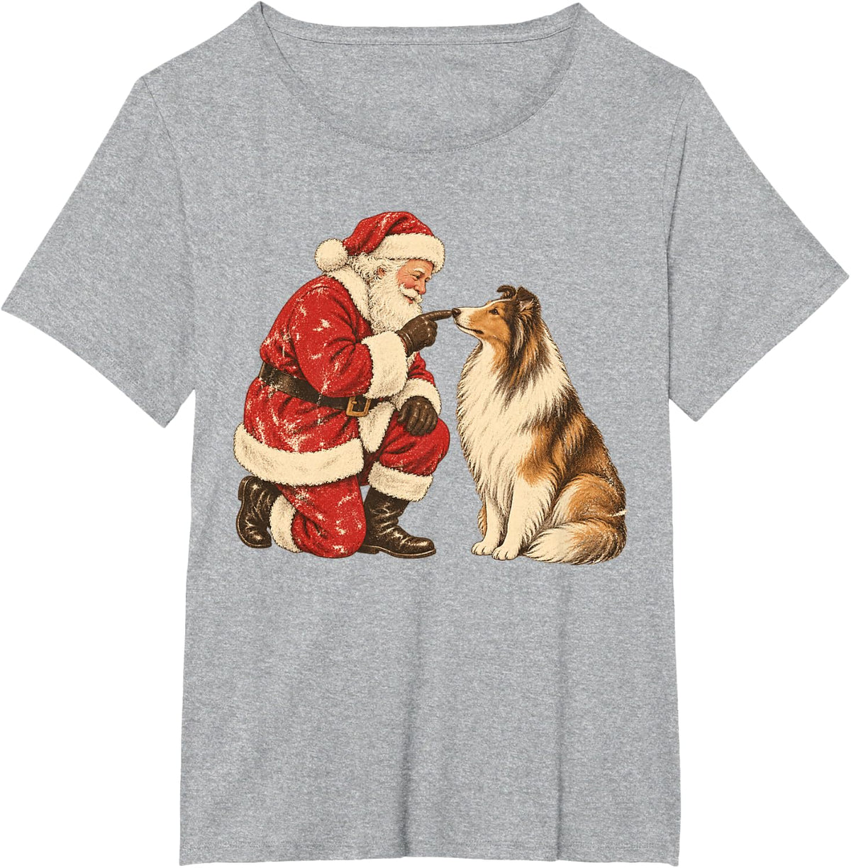 Santa Collie Vintage Christmas Dog T-Shirt - Heather Grey