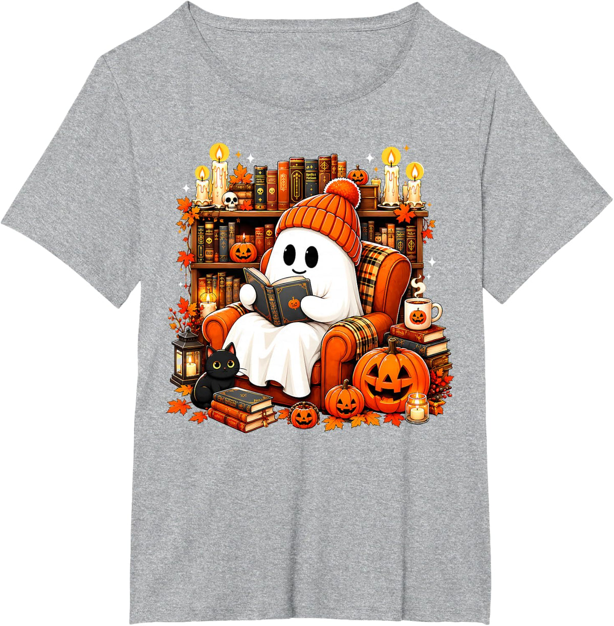 Cute Ghost Reading Book Lovers Autumn Fall Halloween Ghost T-Shirt - Heather Grey