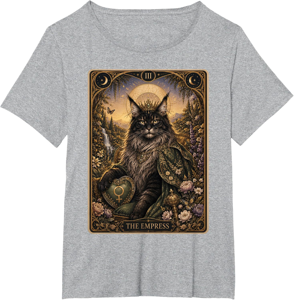 Maine Coon Tarot Card The Empress Mystical Botanical Art T-Shirt - Heather Grey
