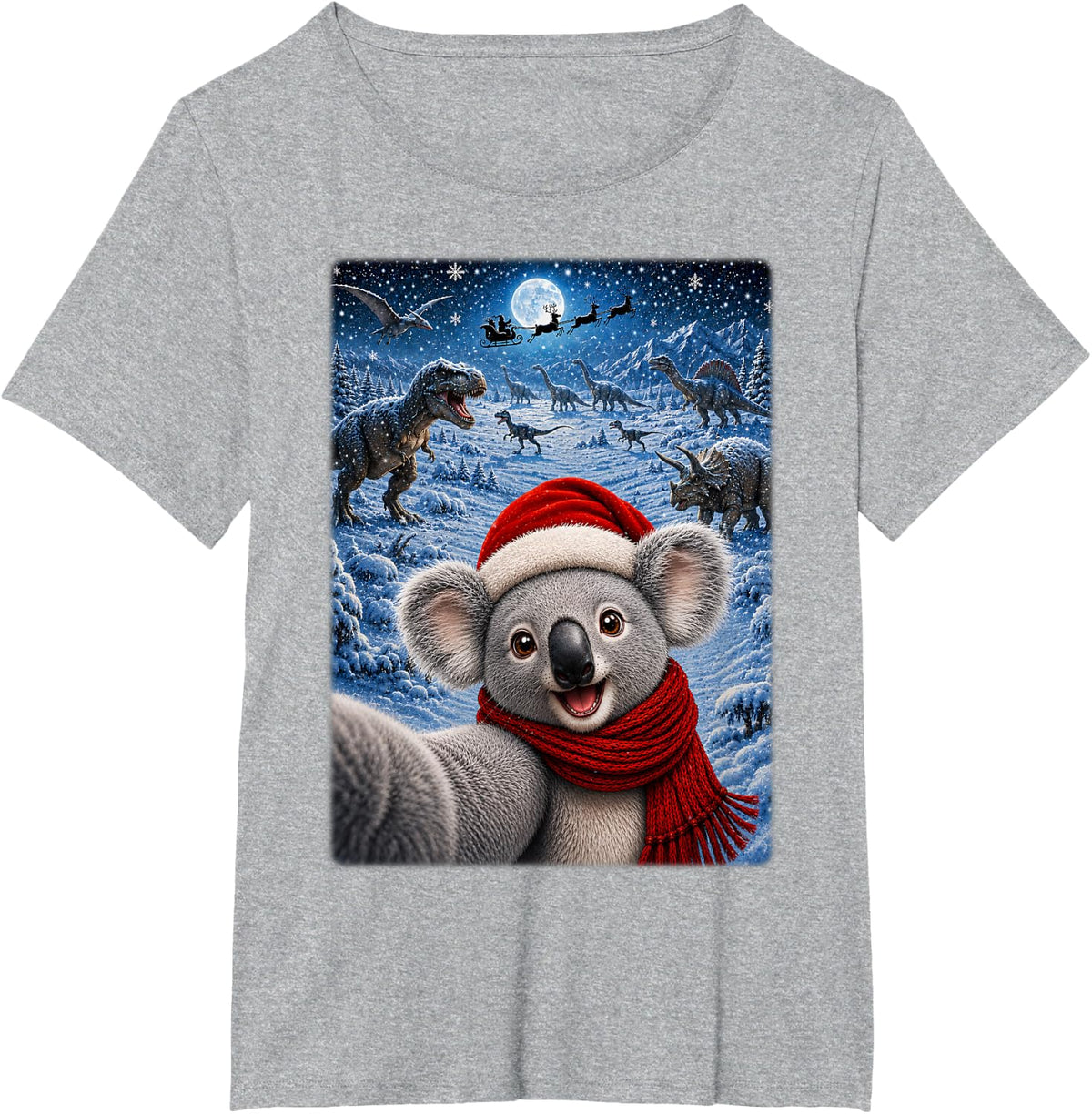 Koala Xmas Dinosaurs Moon Night Starry Theme Koala Christmas T-Shirt - Heather Grey