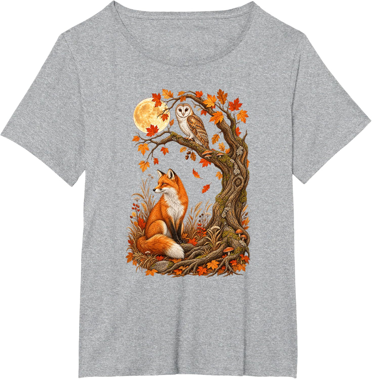 Owl and Fox Autumn Forest Moon Wildlife T-Shirt - Heather Grey