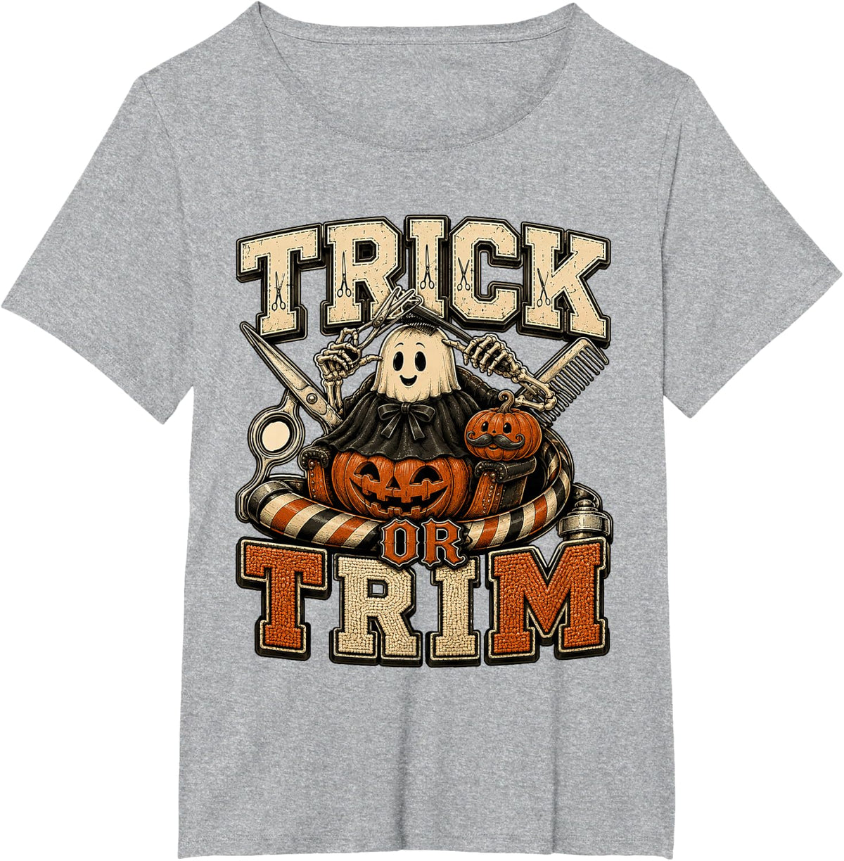 Funny Ghost Hair Stylist Trick or Trim Halloween Barber T-Shirt - Heather Grey