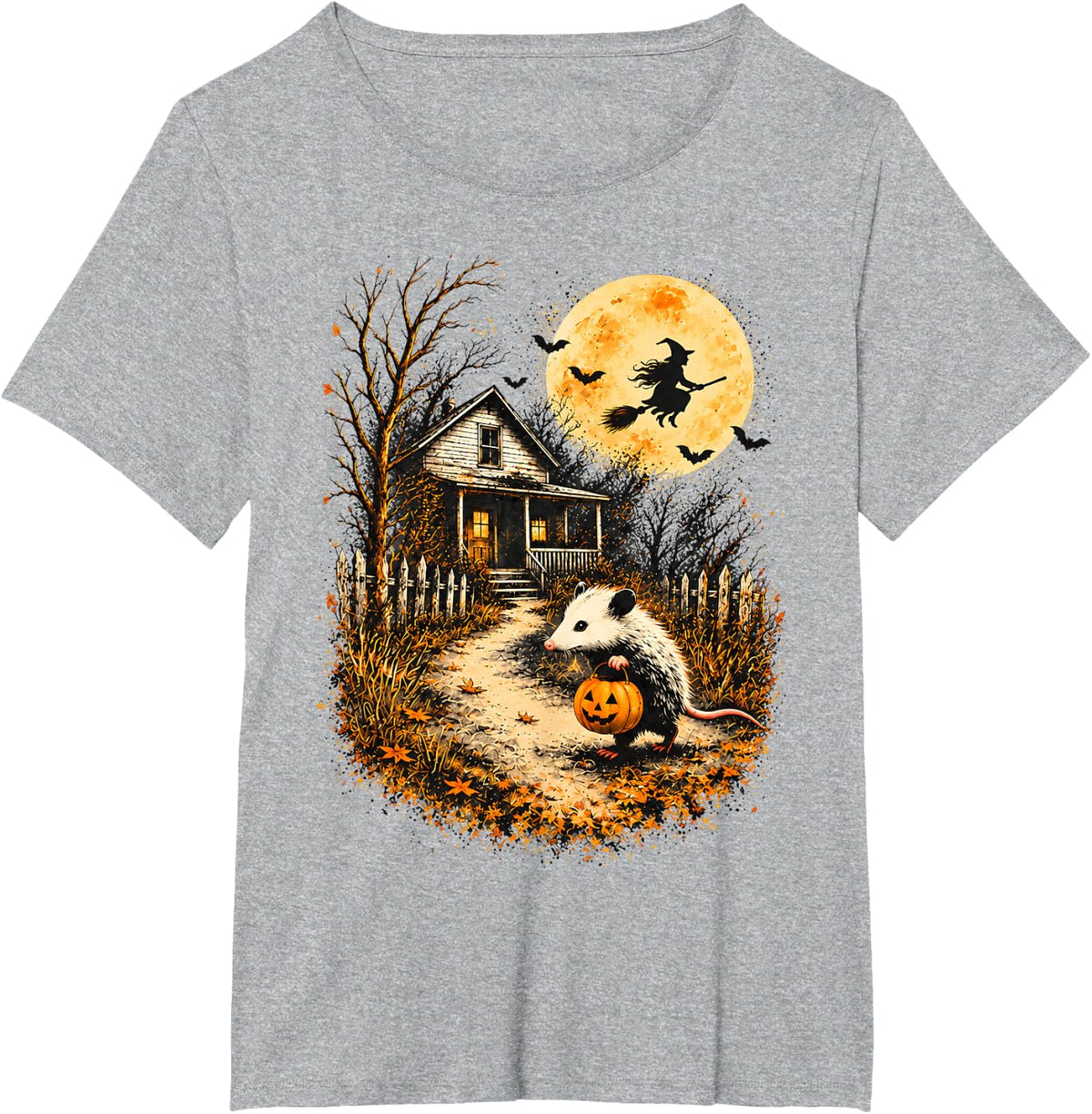 Vintage Opossum Halloween Witch Possum Pumpkin Spooky Moon T-Shirt - Heather Grey