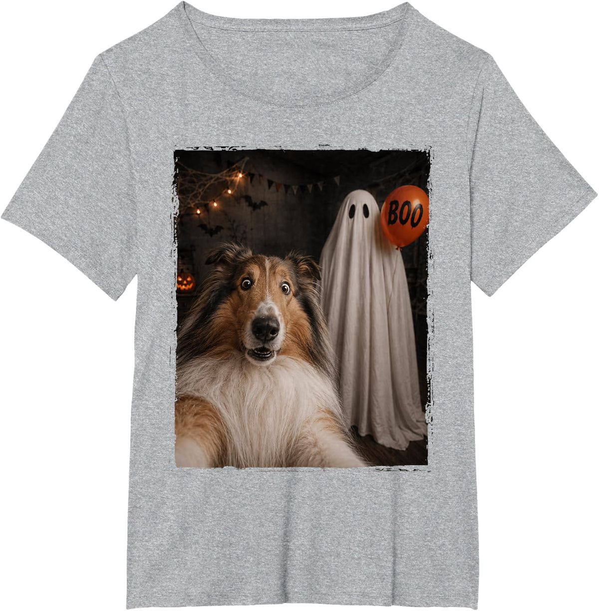 Funny Collie Halloween Selfie Ghost Boo Balloon Kids T-Shirt - Heather Grey