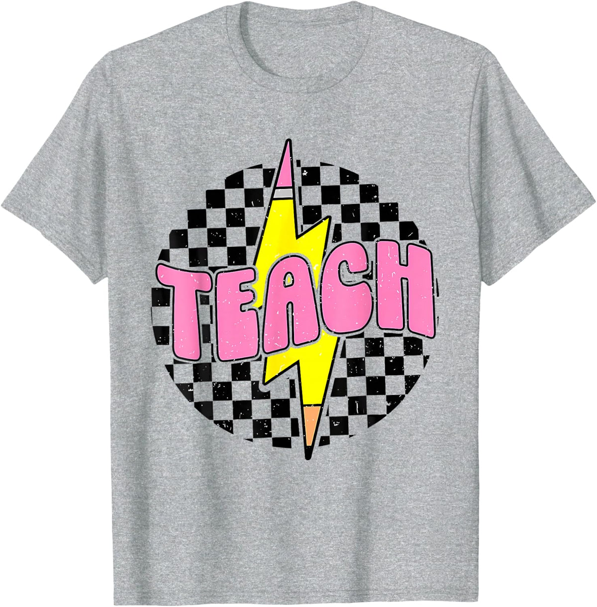 Women Checkered Teach Pencil Lightning Bolt Back to School T-Shirt - Heather Grey