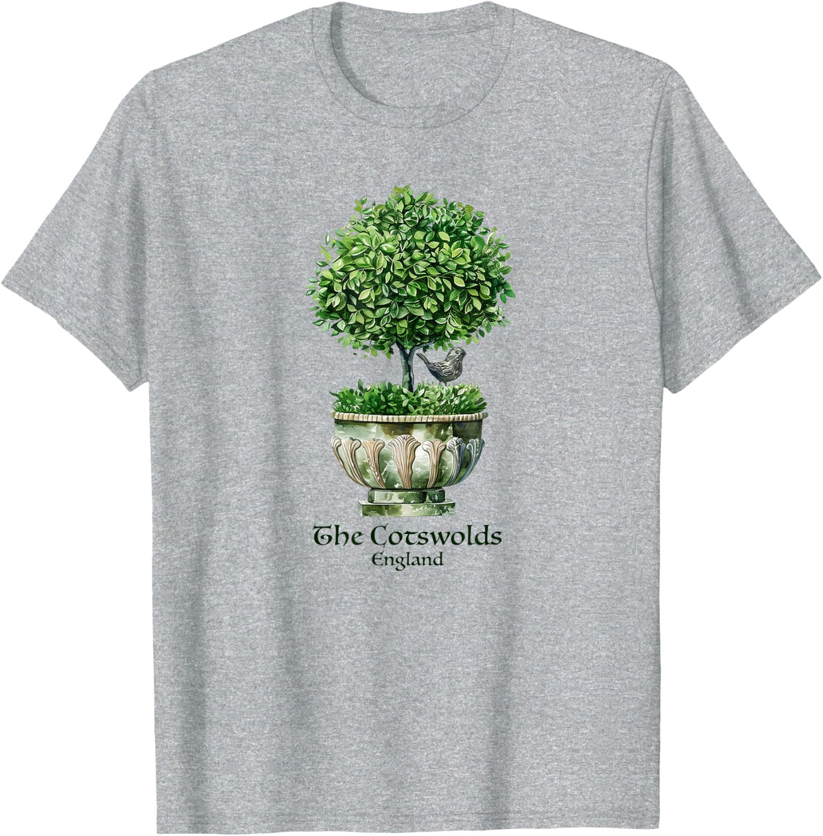 Cotswolds England Topiary Bird Romantic English Garden Art T-Shirt - Heather Grey