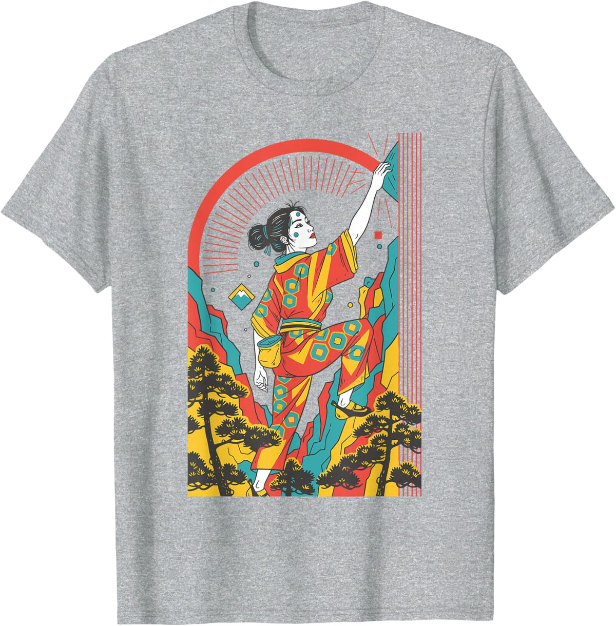 Japanese Art Rock Climbing Adventure Design T-Shirt - Heather Grey