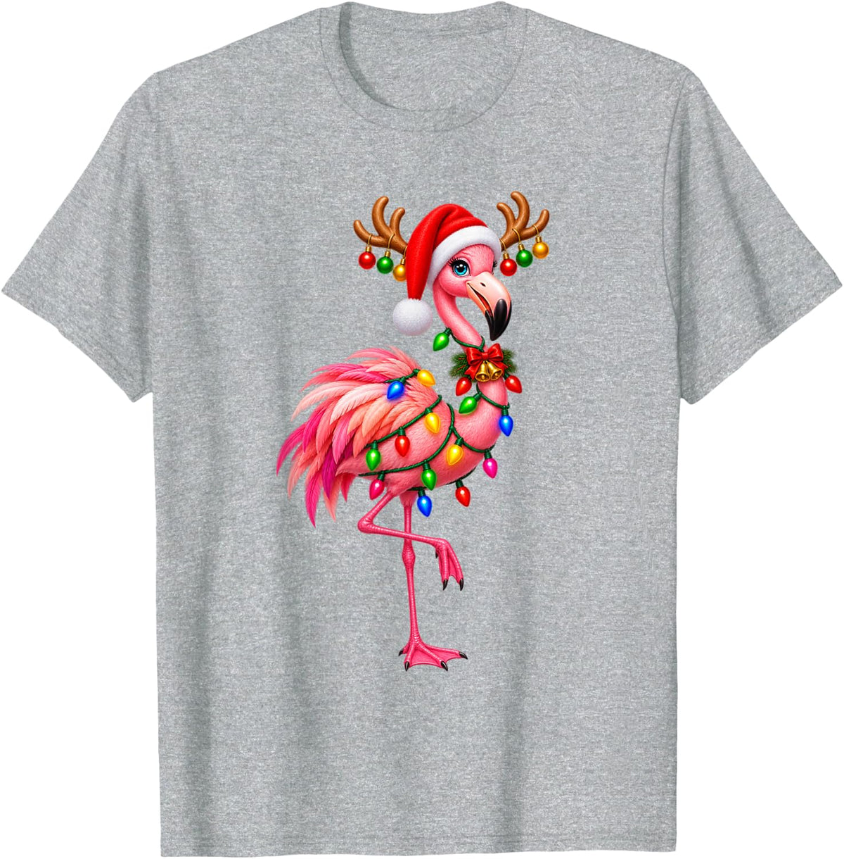 Flamingo Christmas Reindeer Lights Pajama Xmas T-Shirt - Heather Grey