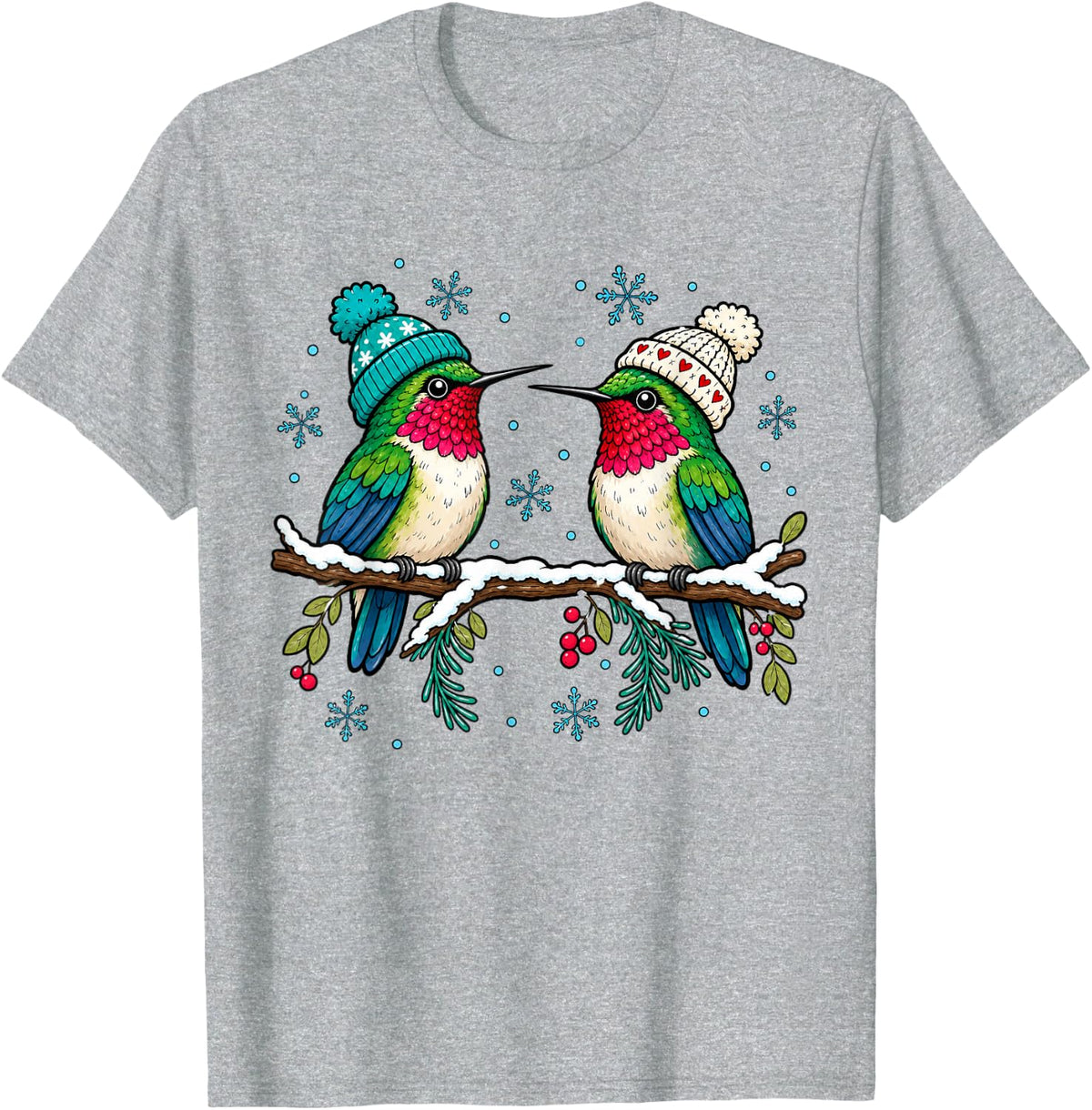 Christmas Hummingbirds Cozy Winter Hats Snowflake T-Shirt - Heather Grey