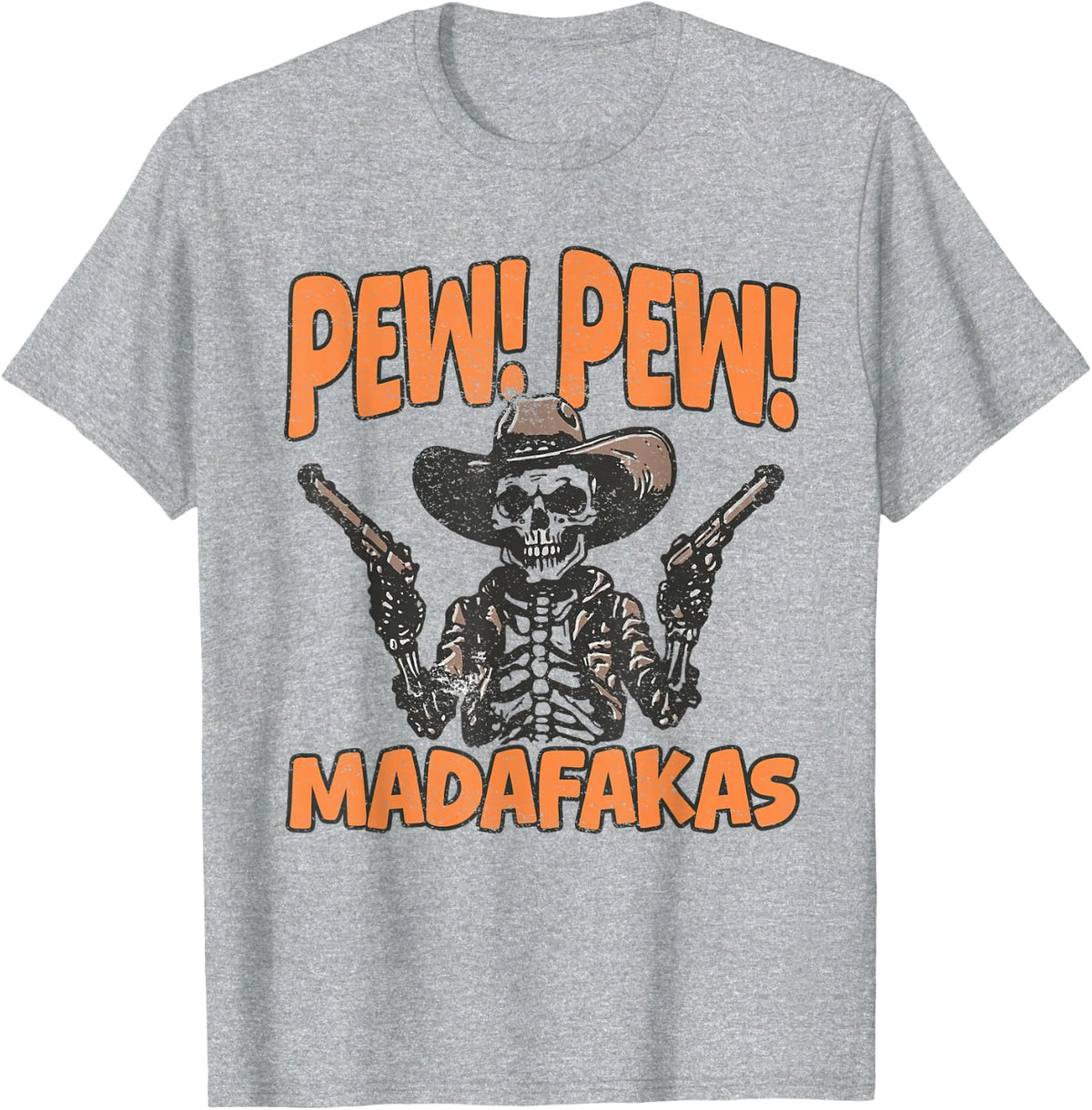 Pew-Pew Madafakas Retro Cowboy Skeleton Rodeo Western T-Shirt - Heather Grey
