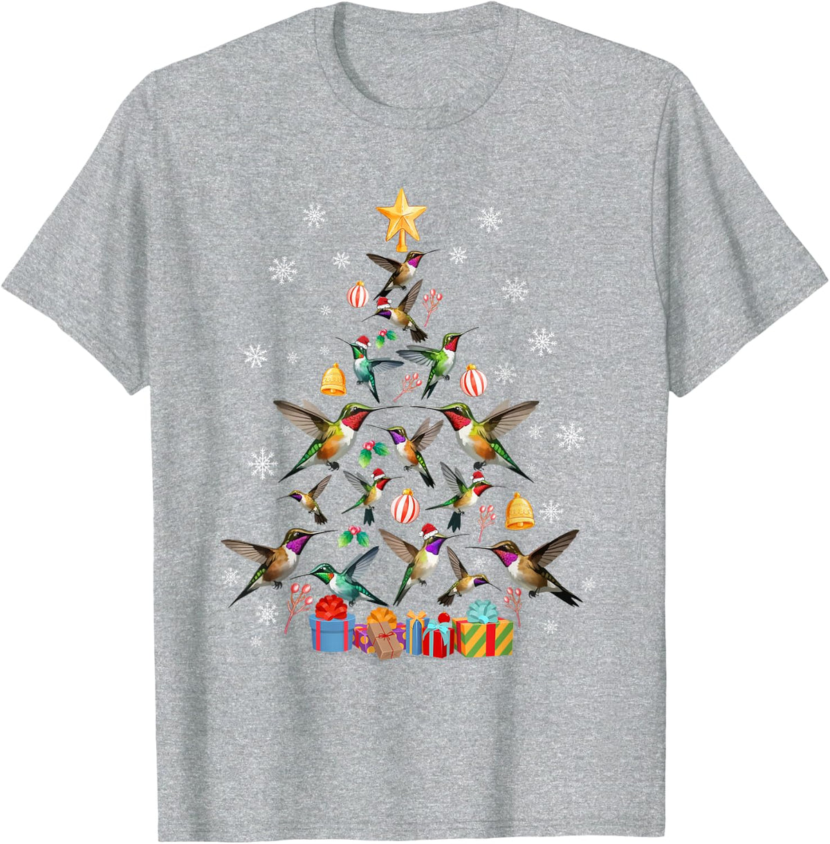 Unisex-Kids Teens Adults Hummingbird Christmas Tree Black T-Shirt - Heather Grey