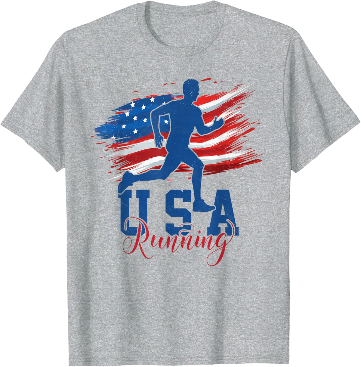American Flag Running Runner 4th Of July USA Support Team Tees T Shirts - Heather Grey