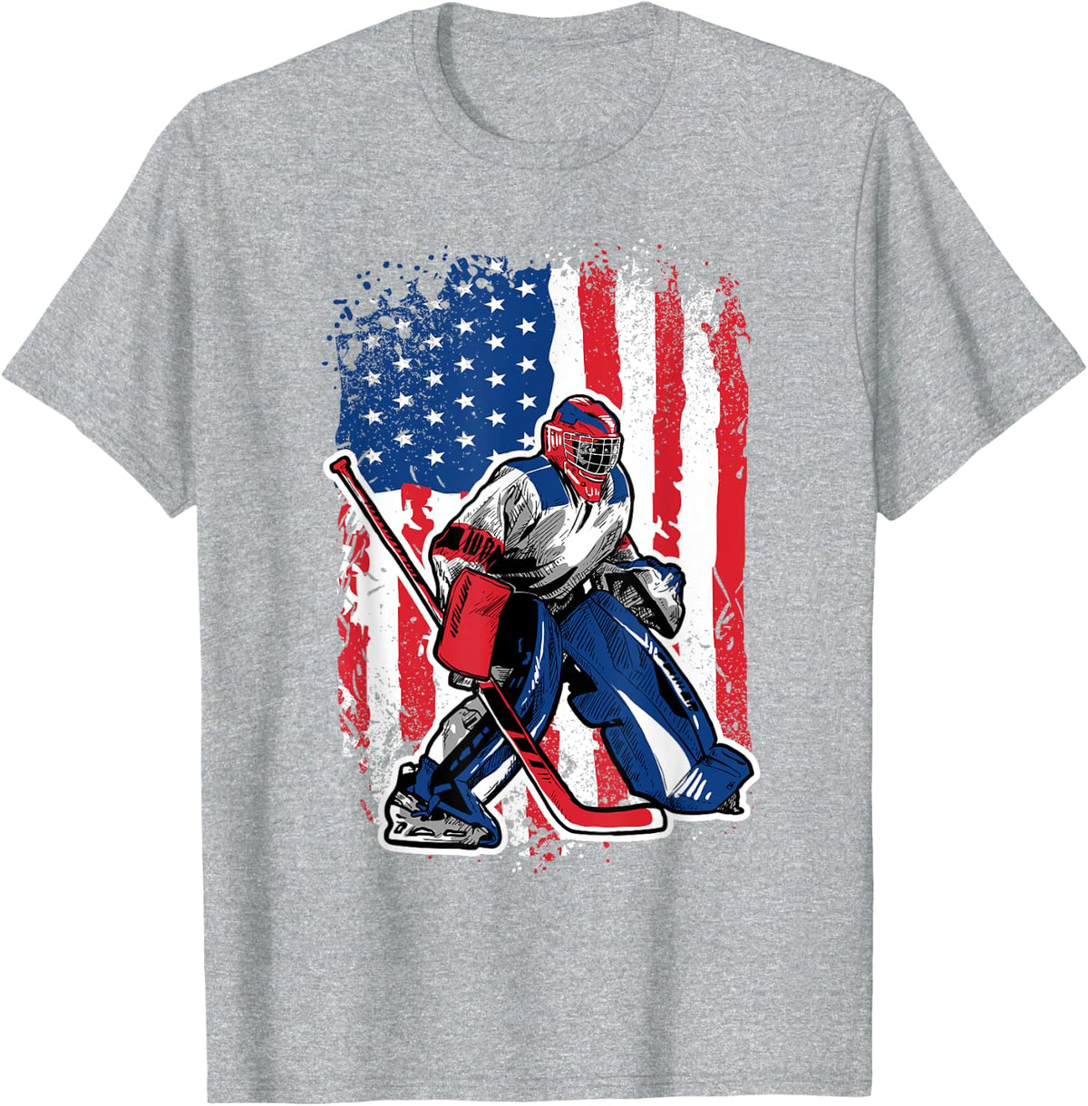 USA Flag Patriotic Ice Hockey Goalie T-Shirt - Heather Grey