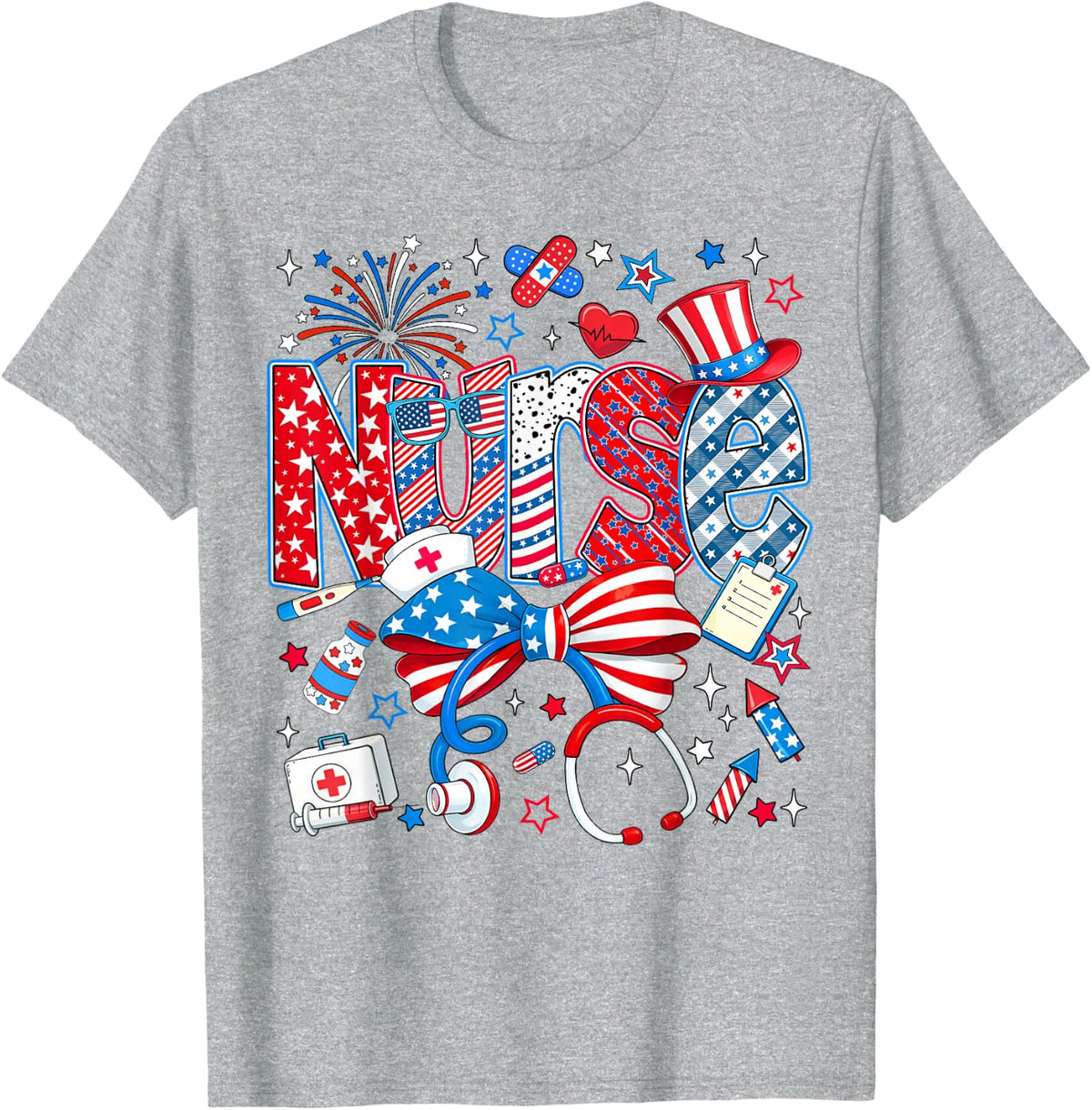 Nurse 4th of July Coquette Stethoscope USA Patriotic Nursing T-Shirt - Heather Grey