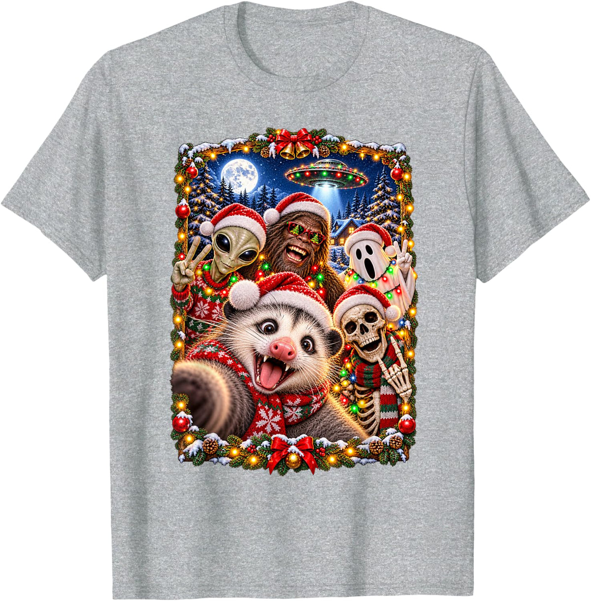 Christmas Opossum Selfie Witch Skeleton Alien Bigfoot Ghost T-Shirt - Heather Grey