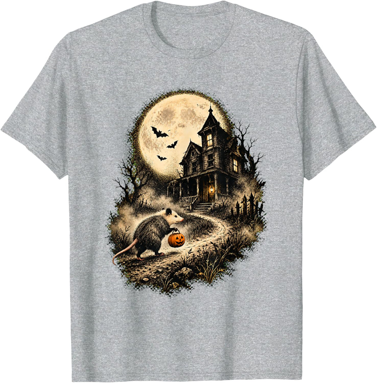 Vintage Opossum Halloween Pumpkin Spooky Moon T-Shirt - Heather Grey