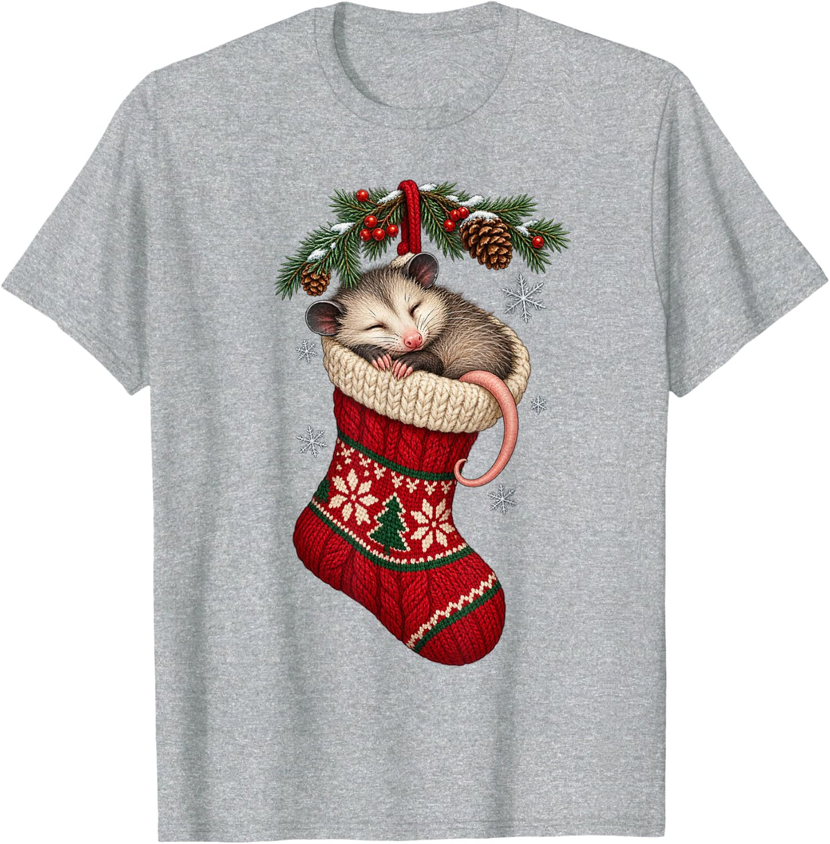 Cute Sleeping Opossum Christmas Stocking Animal Lover T-Shirt - Heather Grey