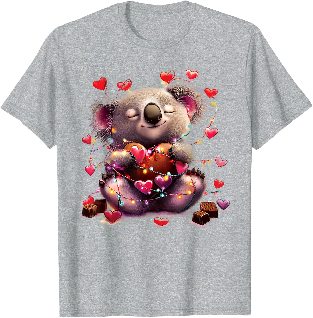 Cute Valentine Koala Bear Hugging Heart with Love Lights T-Shirt - Heather Grey