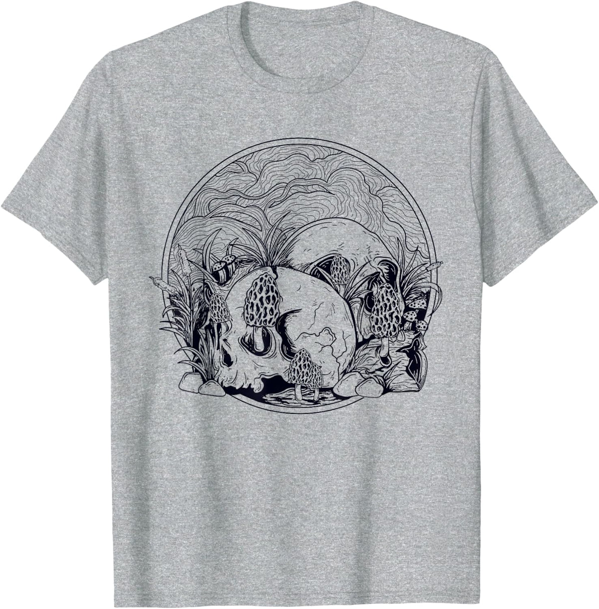 Skull With Morel Mushrooms Hunting Mycology T-Shirt - Heather Grey